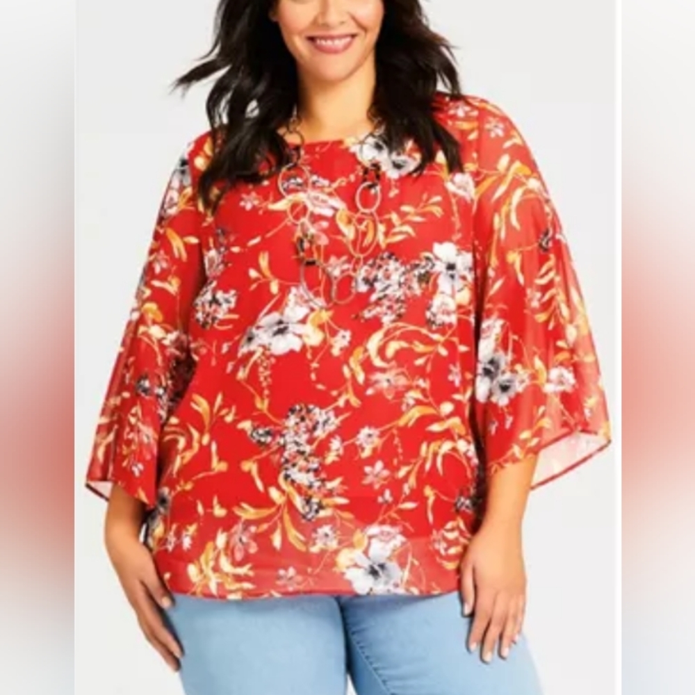 Red sheer floral blouse with built in red cami plus size 26/28